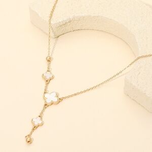 White Gold Cascading Quatrefoil Clover Chain Y Necklace Lariat Pendant
